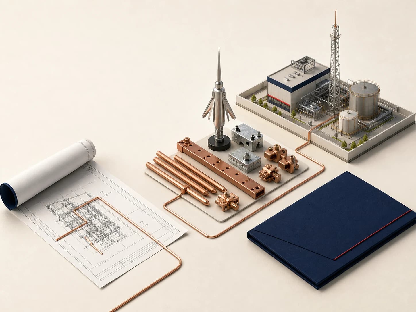 Du plan technique au site industriel, un ensemble de composants de mise à la terre préparé pour l’approvisionnement.